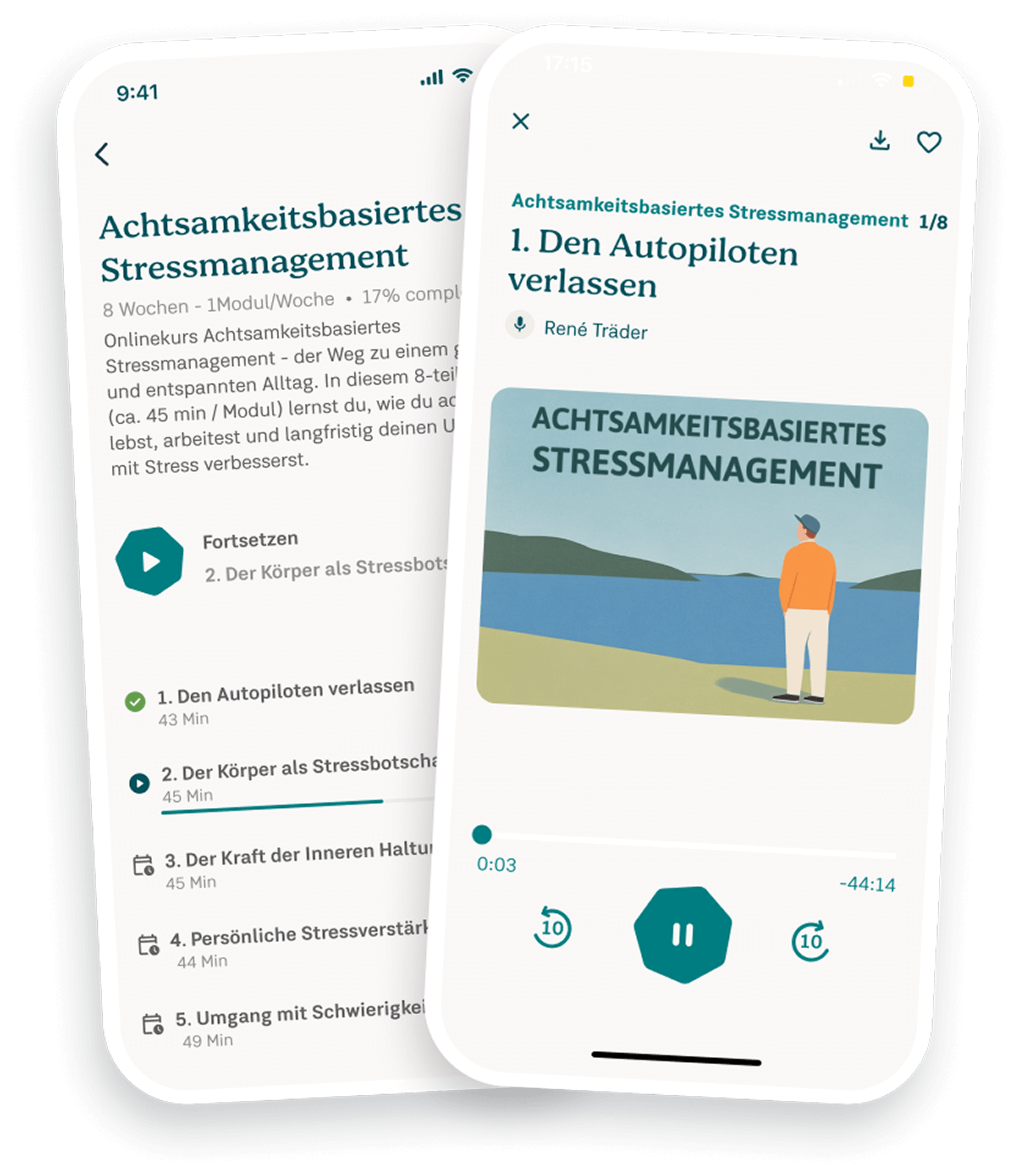 Screenshot des ABSM Kurses in der 7Mind App mit verschiedenen Kurseinheiten und der Möglichkeit, diese abzuspielen.