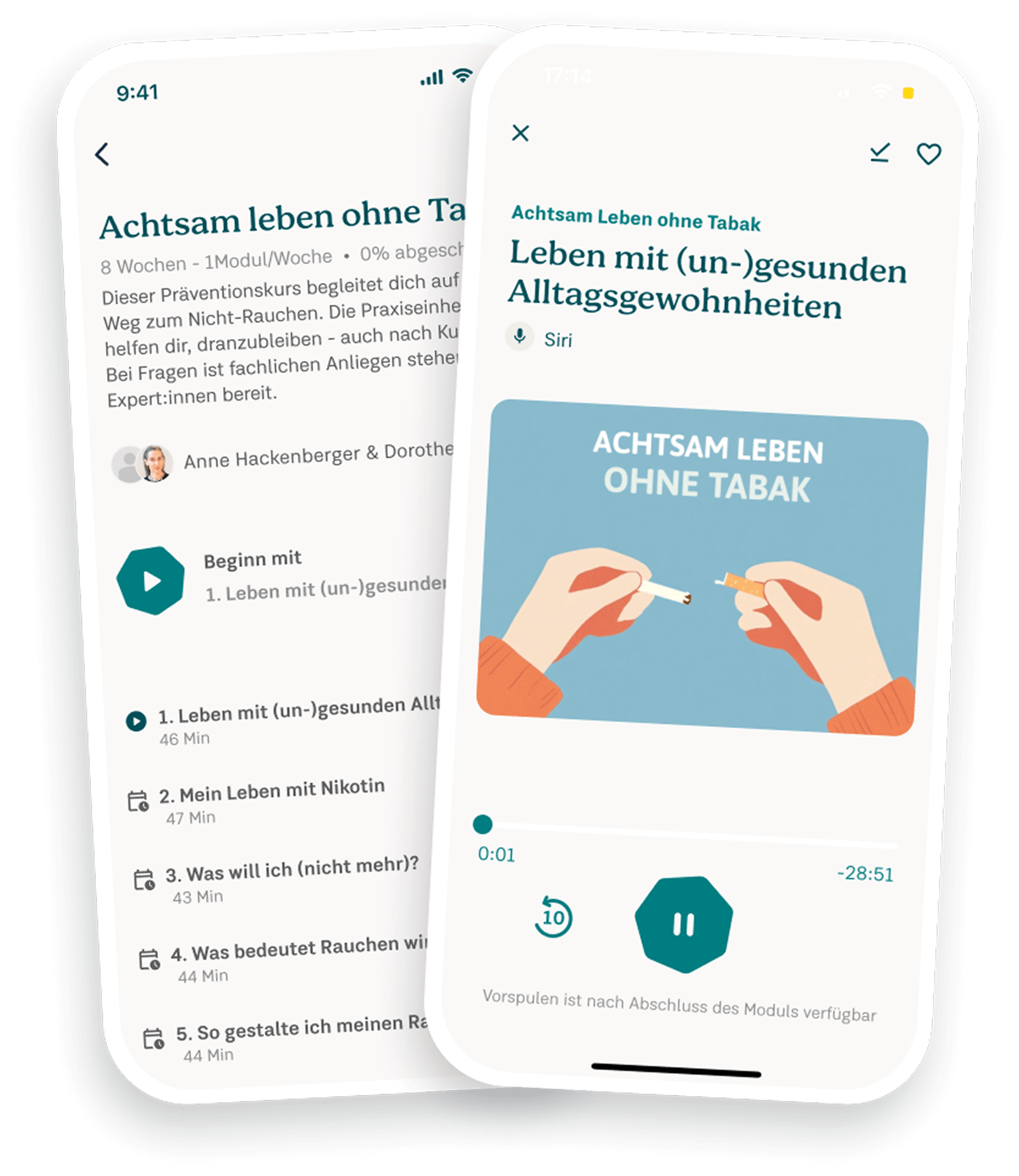 Screenshot des Präventionskurs: Achtsam leben ohne Tabak in der 7Mind App mit verschiedenen Kurseinheiten und der Möglichkeit, diese abzuspielen.